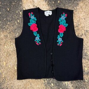 VINTAGE Breckenridge Black Vest with Colorful Floral Design | womens med